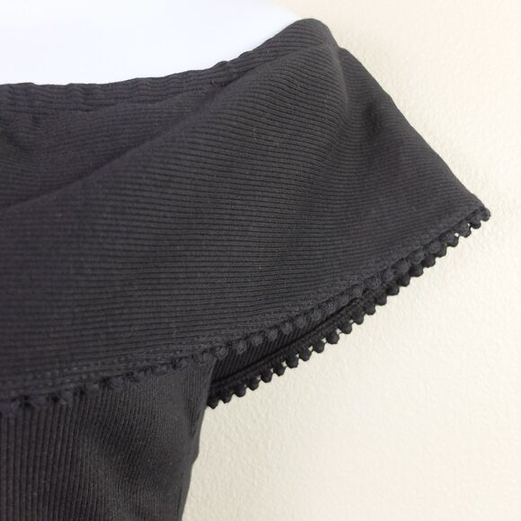 WAYF Black Ribbed Off-the-Shoulder Mini Dress Pom-Pom Ric-Rac Trim Size Small - Picture 4 of 6